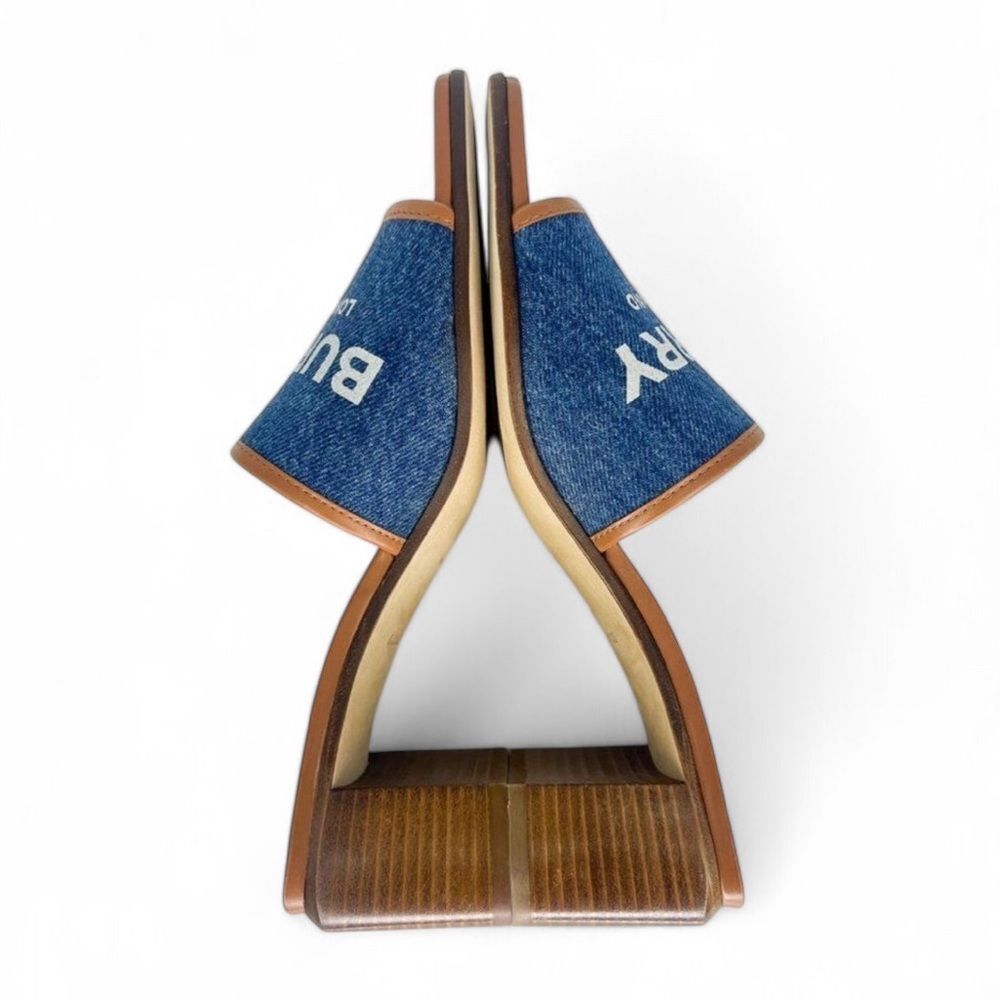 NWT BURBERRY Wilma Logo Blue & Brown Broad Strap Square Open Toe Mules S… - Picture 6 of 12